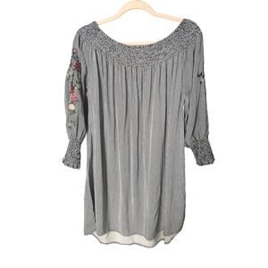 New Look Off the Shoulder Blue Striped Embroidered Sleeve Dress Boho Cottagecore